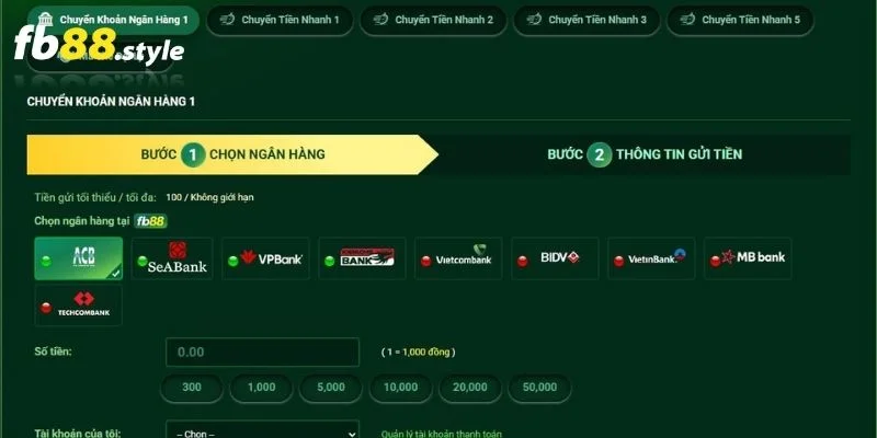 Cách nạp tiền FB88 qua hình thức chuyển khoản ngân hàng